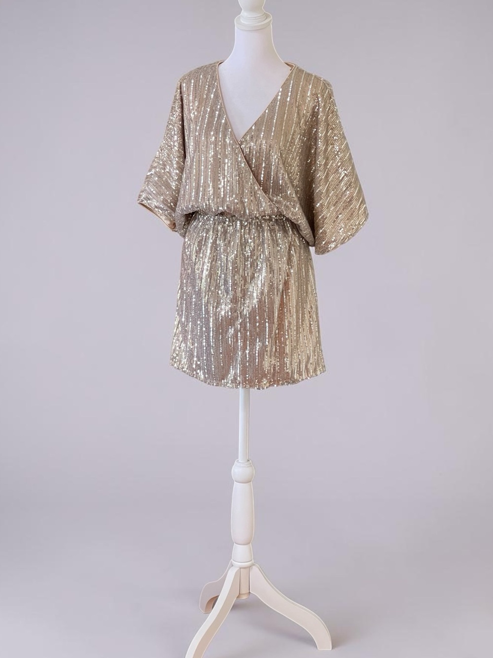FATE Gold Champagne Sequins Mini Dress Sz S Bat Sleeves Elastic Waist Wrap Skirt